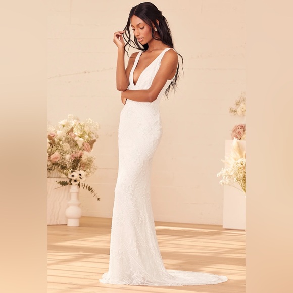 Lulus Dresses & Skirts - The Sweetest Vows White Beaded Sequin Mermaid Maxi Dress size L